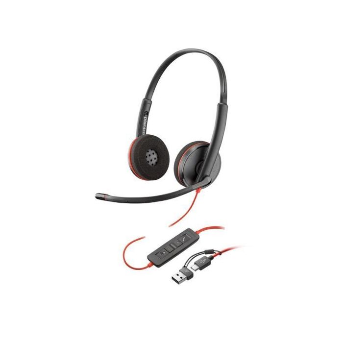 Plantronics/Poly Blackwire 3220 USB-C Auriculares con Microfono - Almohadillas Acolchadas - Controles en Cable - Adaptador USB-A - Color Negro