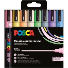 Posca PC-5M/8C Estuche de 8 Marcadores de Pintura - Punta de Bala 1.8-2.5mm - Tinta Base al Agua - Resistente a la Luz - No Permanente - Colores Pastel Surtidos