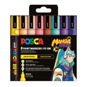 Posca Manga Hero Edicion Limitada PC-5M Pack con 8 Marcadores de Pintura - Punta de Bala 1.8-2.5mm - Tinta Base al Agua - Resistente a la Luz - No Permanente - Colores Pastel Surtidos