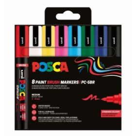Posca PC-5BR Pack de 8 Marcadores de Pintura - Punta Brush 1-4mm - Tinta Base al Agua - Resistente a la Luz - No Permanente - Colores Surtidos
