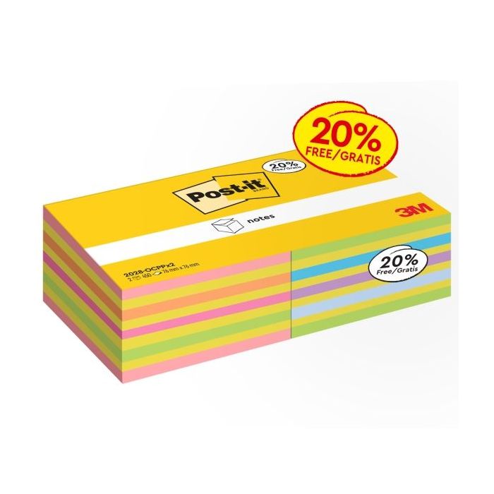 Post-It Pack de 2 Cubos de 450 Notas Adhesivas Reposicionables - Forma Cuadrada - Colores Surtidos