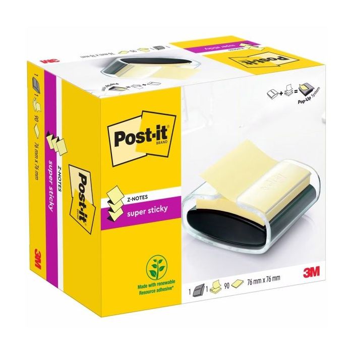 Post-It Super Sticky Dispensador con Bloc de 90 Z-Notas Adhesivas - Dispensador Pro - Forma Cuadrada - 76x76mm - Color Negro