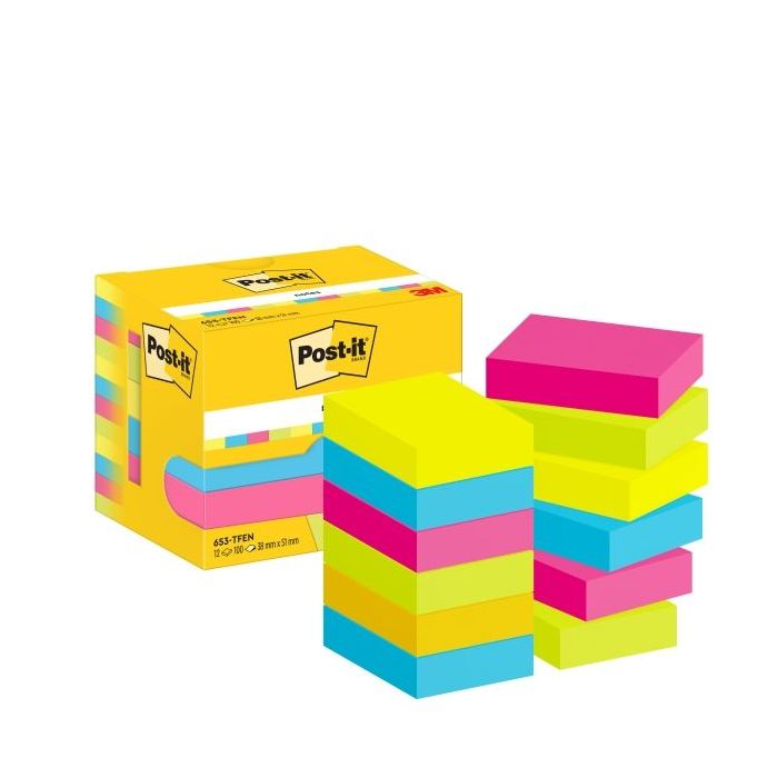 Post-It Pack de 12 Blocs de 100 Notas Adhesivas Reposicionables - Forma Rectangular - 38x51mm - Colores Surtidos