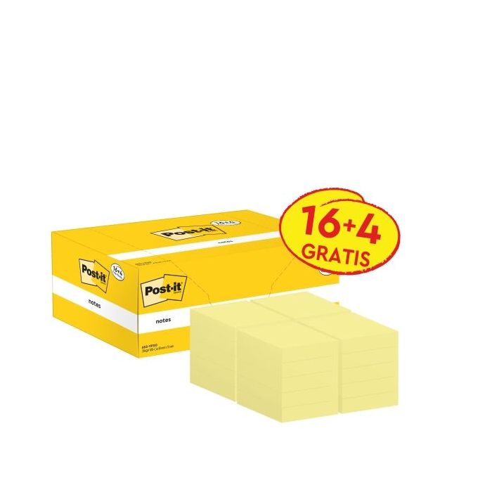 Post-It Pack de 20 Blocs de 100 Notas Adhesivas Reposicionables - Forma Rectangular - 38x51mm - Color Amarillo Claro