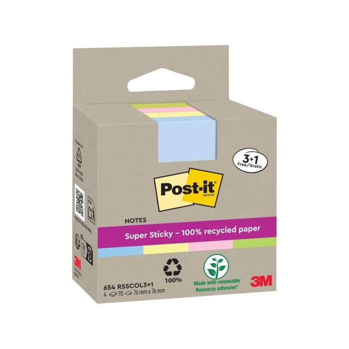 Post-It Super Sticky Pack de 4 Blocs de 70 Notas Adhesivas Recicladas - Forma Cuadrada - 76x76mm - Colores Surtidos