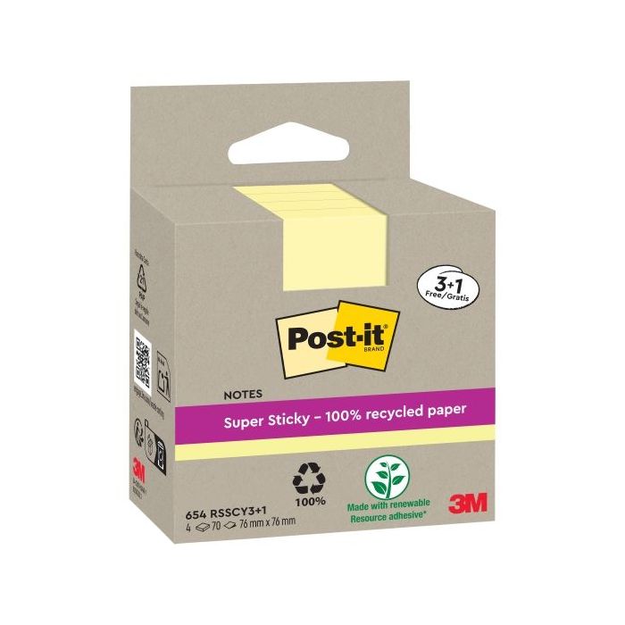 Post-It Super Sticky Pack de 4 Blocs de 70 Notas Adhesivas Recicladas - Forma Cuadrada - 76x76mm - Color Amarillo Claro