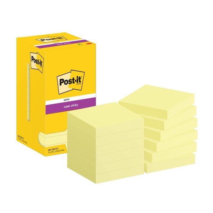 Post-It Super Sticky Pack de 12 Blocs de 90 Notas Adhesivas Reposicionables - 76x76mm - Paquete de Carton - Color Amarillo Claro