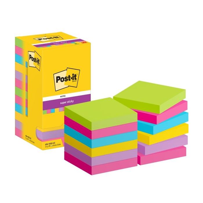 Post-It Super Sticky Pack de 12 Blocs de 90 Notas Adhesivas Reposicionables - Forma Cuadrada - 76x76mm - Colores Surtidos