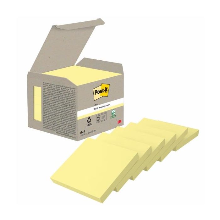 Post-It Pack de 6 Blocs de 100 Notas Adhesivas Recicladas - Forma Cuadrada - 76x76mm - Color Amarillo Claro