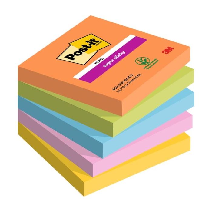 Post-It Super Sticky Pack de 5 Blocs de 90 Notas Adhesivas Reposicionables - Forma Cuadrada - 76x76mm - Colores Surtidos