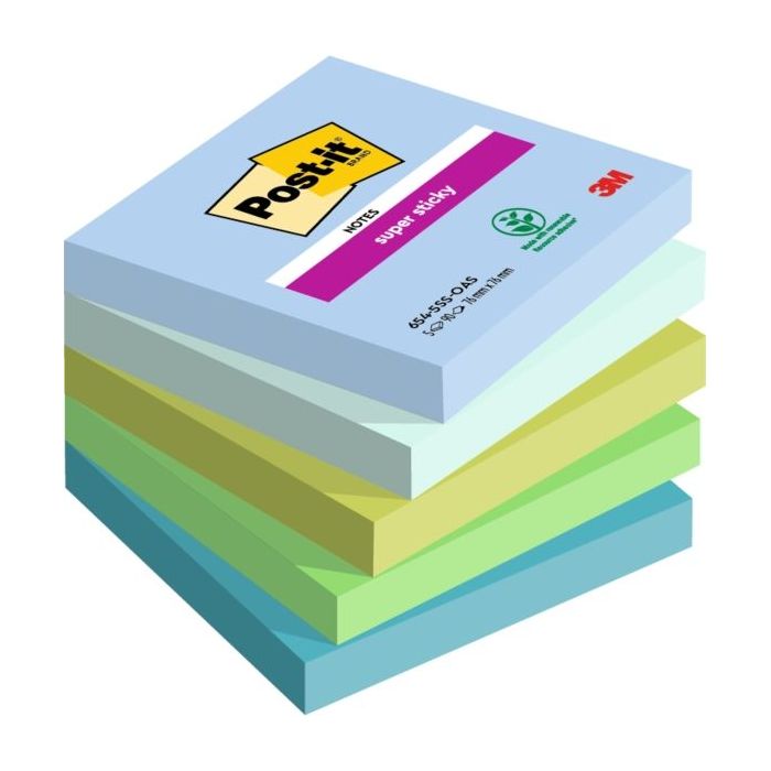 Post-It Super Sticky Pack de 5 Blocs de 90 Notas Adhesivas Reposicionables - Forma Cuadrada - 76x76mm - Colores Surtidos