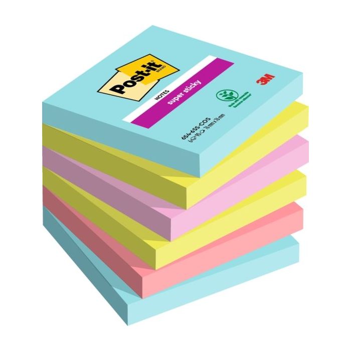 Post-It Super Sticky Pack de 6 Blocs de 90 Notas Adhesivas Reposicionables - Forma Cuadrada - 76x76mm - Colores Surtidos