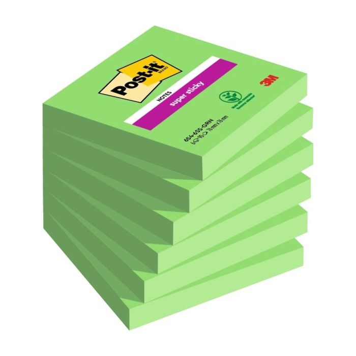 Post-It Super Sticky Pack de 6 Blocs de 90 Notas Adhesivas Reposicionables - 76x76mm - 100% PEFC - Color Verde