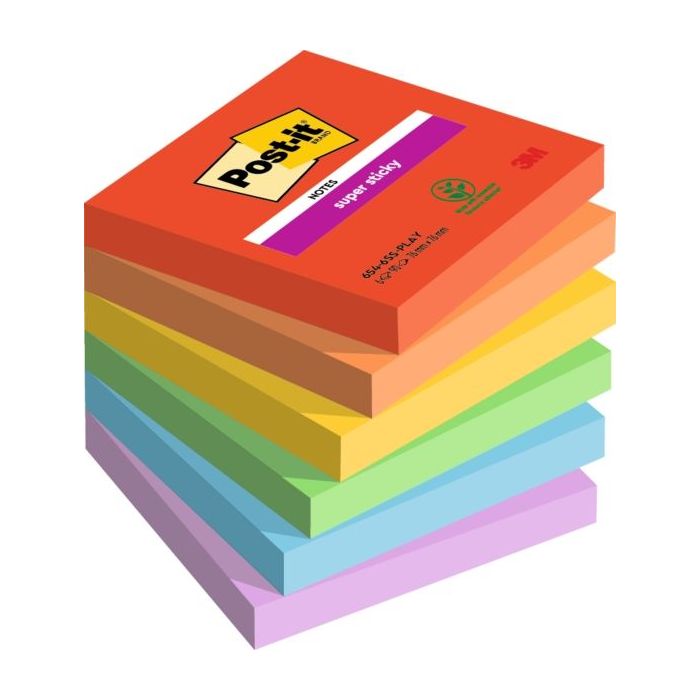 Post-It Super Sticky Pack de 6 Blocs de 90 Notas Adhesivas Reposicionables - Forma Cuadrada - 76x76mm - Colores Surtidos