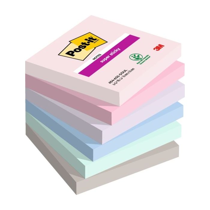 Post-It Super Sticky Pack de 6 Blocs de 90 Notas Adhesivas Reposicionables - Forma Cuadrada - 76x76mm - Colores Surtidos