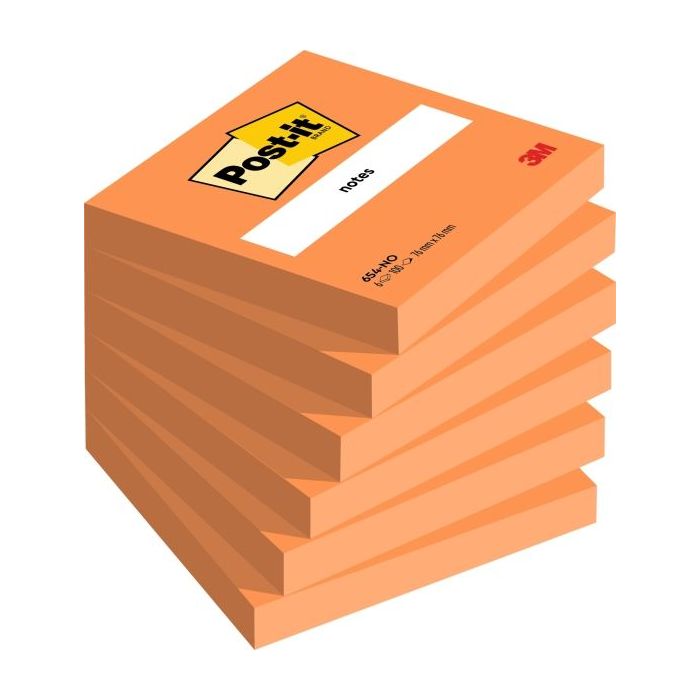 Post-It Pack de 6 Blocs de 100 Notas Adhesivas Reposicionables - Forma Cuadrada - 76x76mm - Color Naranja