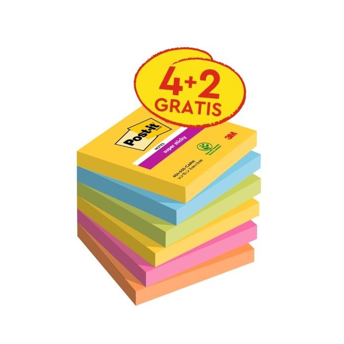 Post-It Super Sticky Pack de 6 Blocs de 90 Notas Adhesivas Reposicionables - Forma Cuadrada - 76x76mm - Colores Surtidos