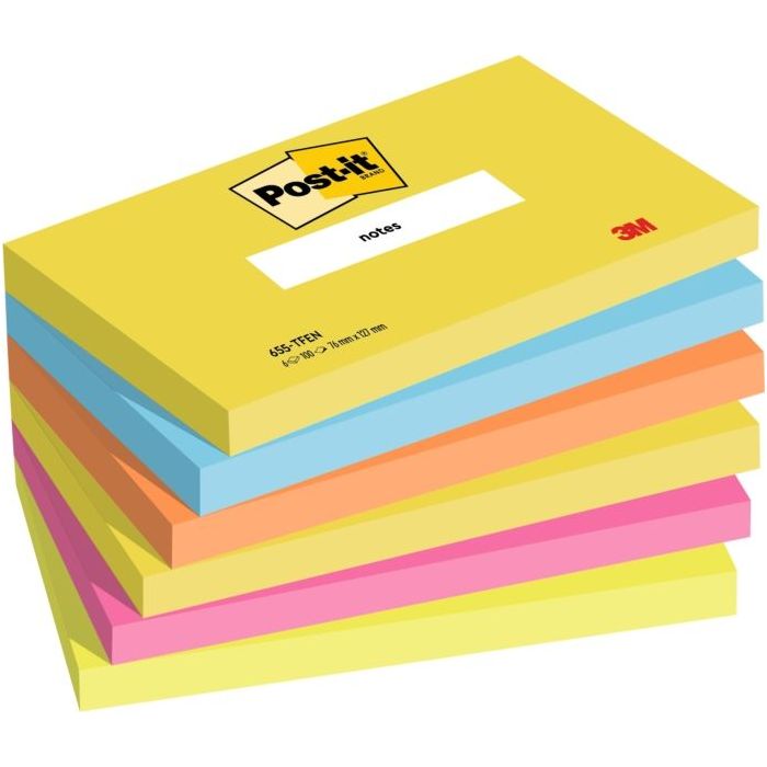 Post-It Pack de 6 Blocs de 100 Notas Adhesivas Reposicionables - Forma Rectangular - 76x127mm - Colores Surtidos