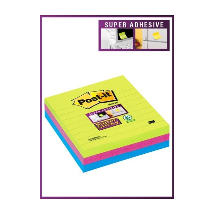Post-It Super Sticky Pack de 3 Blocs de 70 Notas Adhesivas Reposicionables - 101x101mm - 100% PEFC - Colores Surtidos