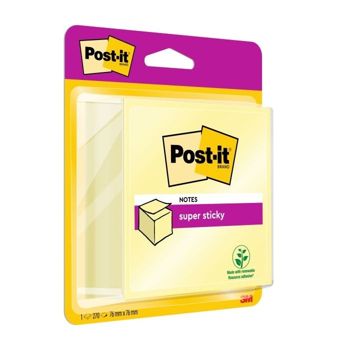 Post-It Super Sticky Cubo de 270 Notas Adhesivas Reposicionables - 76x76mm - 100% PEFC - Color Amarillo Claro