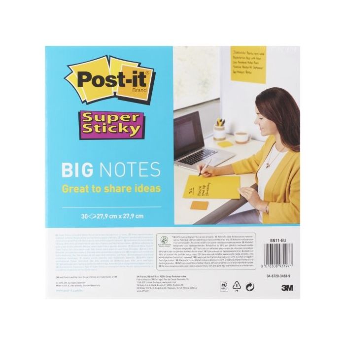 Post-It Super Sticky Bloc de 30 Notas Adhesivas Reposicionables - Forma Cuadrada - 279x279mm - Color Amarillo Claro