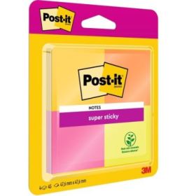 Post-It Super Sticky Pack de 4 Blocs de 45 Notas Adhesivas Reposicionables - 47.6x47.6mm - 100% PEFC - Colores Surtidos