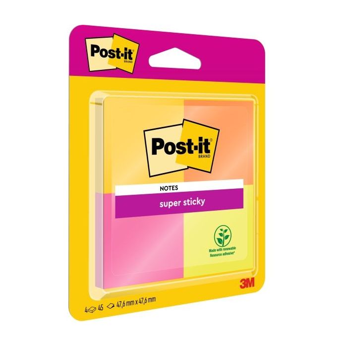 Post-It Super Sticky Pack de 4 Blocs de 45 Notas Adhesivas Reposicionables - 47.6x47.6mm - 100% PEFC - Colores Surtidos