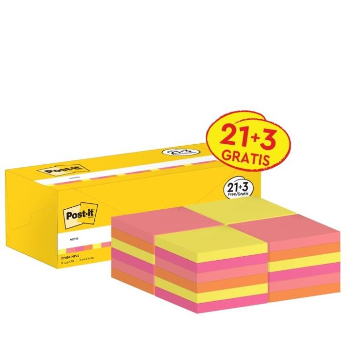 Post-It Pack de 24 Blocs de 100 Notas Adhesivas Reposicionables - Forma Cuadrada - 76x76mm - Colores Surtidos