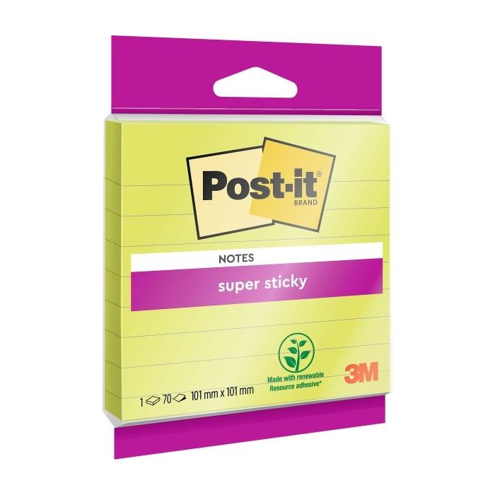 Post-It Super Sticky Pack de Hojas/Bloc, 1 Bloc de 70 Bloc de 70 Notas Grandes Adhesivas Reposicionables - con Lineas - 101x101mm - Color Verde