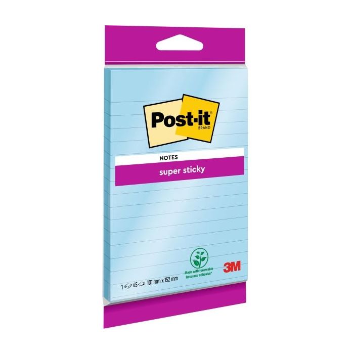Post-It Super Sticky Bloc de 90 Notas Grandes Adhesivas Reposicionables - con Lineas - 102x152mm - Color Azul