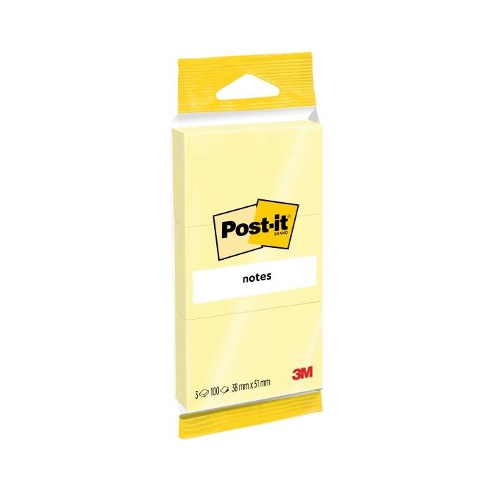 Post-It Pack de 3 Blocs de 100 Notas Adhesivas Reposicionables - 38x51mm - 100% PEFC - Color Amarillo Claro