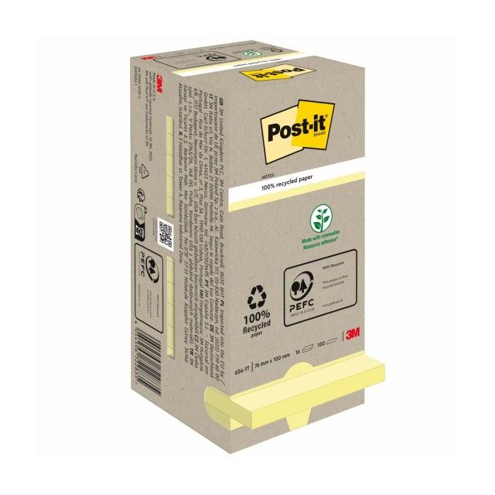 Post-It Pack de 16 Blocs de 100 Notas Adhesivas Recicladas - Forma Cuadrada - 76x76mm - Color Amarillo Claro
