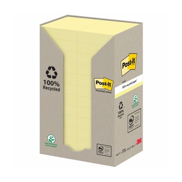 Post-It Pack de 24 Blocs de 100 Notas Adhesivas Recicladas - Forma Rectangular - 51x38mm - Color Amarillo Claro