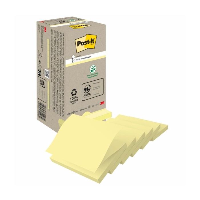 Post-It Pack de 16 Blocs de 100 Z-Notas Adhesivas Recicladas - Forma Cuadrada - 76x76mm - Color Amarillo Claro