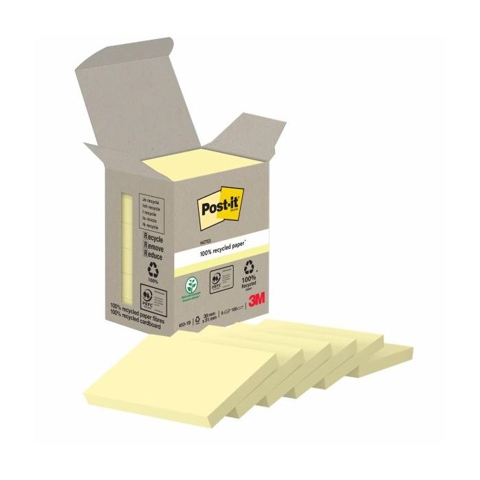 Post-It Pack de 6 Blocs de 100 Notas Adhesivas Recicladas - Forma Rectangular - 51x38mm - Color Amarillo Claro