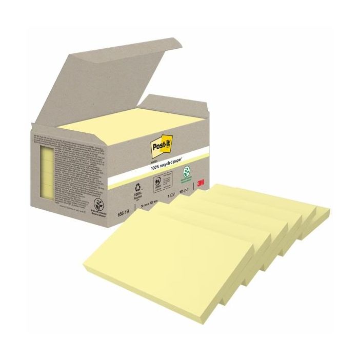Post-It Pack de 6 Blocs de 100 Notas Adhesivas Recicladas - Forma Rectangular - 76x127mm - Color Amarillo Claro