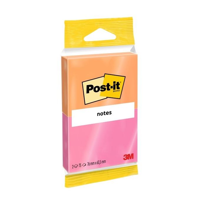 Post-It Pack de 2 Blocs de 75 Notas Adhesivas Reposicionables - Forma Rectangular - 76x63.5mm - Colores Surtidos