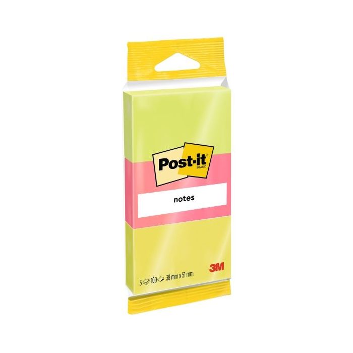 Post-It Pack de 3 Blocs de 100 Notas Adhesivas Reposicionables - Forma Rectangular - 38x51mm - Colores Surtidos