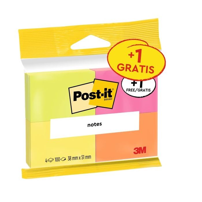 Post-It Pack de 4 Blocs de 100 Notas Adhesivas Reposicionables - Colores Neon - 38x51mm - Promocion 3 Blocs + 1 Gratis - Colores Surtidos