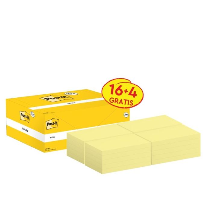 Post-It Pack de 20 Blocs de 100 Notas Adhesivas Reposicionables - Forma Rectangular - 76x127mm - Color Amarillo Claro