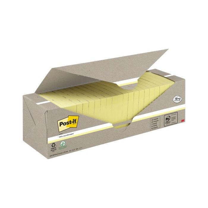 Post-It Pack de 24 Blocs de 100 Notas Adhesivas Recicladas - Forma Cuadrada - 76x76mm - Color Amarillo Claro