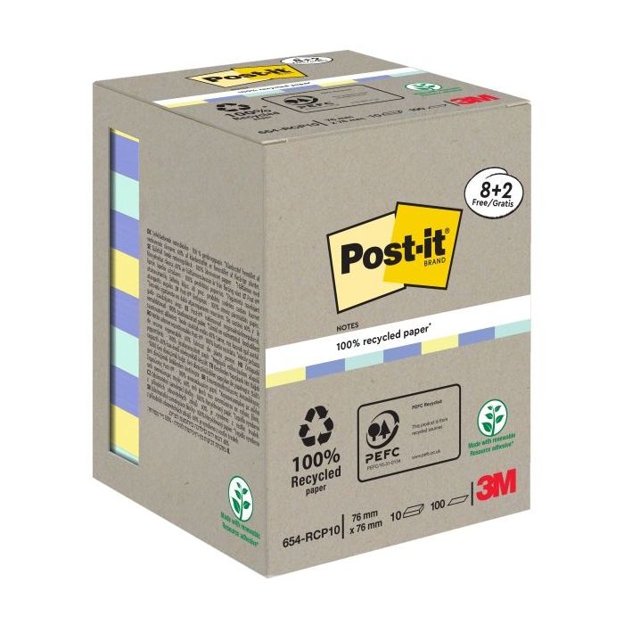 Post-It Pack de 10 Blocs de 100 Notas Adhesivas Recicladas - Forma Cuadrada - 76x76mm - Colores Surtidos