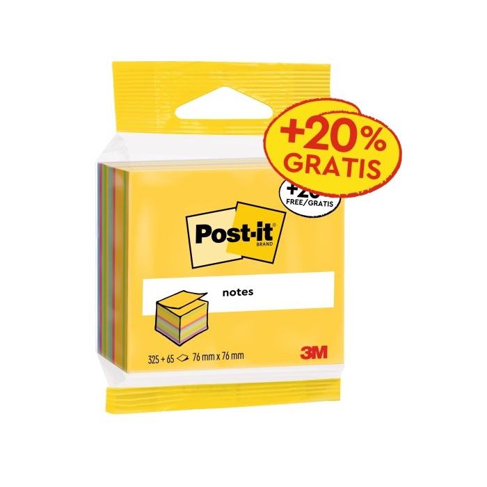 Post-It Cubo de 390 Notas Adhesivas Reposicionables - Forma Cuadrada - 76x76mm - Colores Surtidos