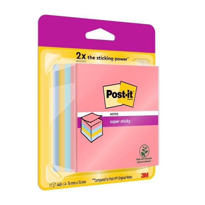Post-It Super Sticky Cubo de 400 Notas Adhesivas Reposicionables - Colores Arcoiris - 76x76mm - Colores Surtidos