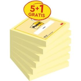 Post-It Pack de 6 Blocs de 100 Notas Adhesivas Reposicionables - 76x76mm - Promocion 5 Blocs + 1 Gratis - Color Amarillo Claro