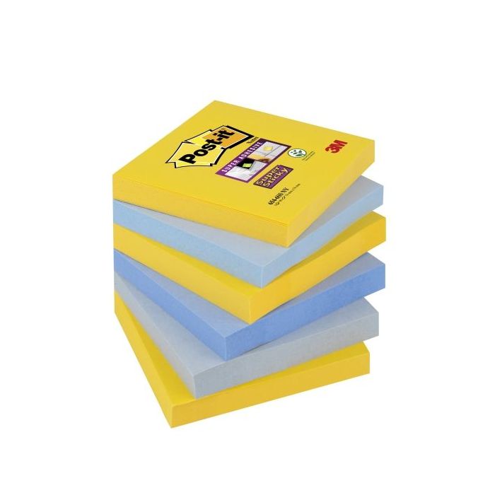 Post-It Super Sticky Pack de 6 Blocs de 90 Notas Adhesivas Reposicionables - Forma Cuadrada - 76x76mm - Colores Surtidos