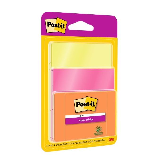 Post-It Super Sticky Pack de 3 Blocs de 45 Notas Adhesivas Reposicionables - Forma Cuadrada - Colores Surtidos
