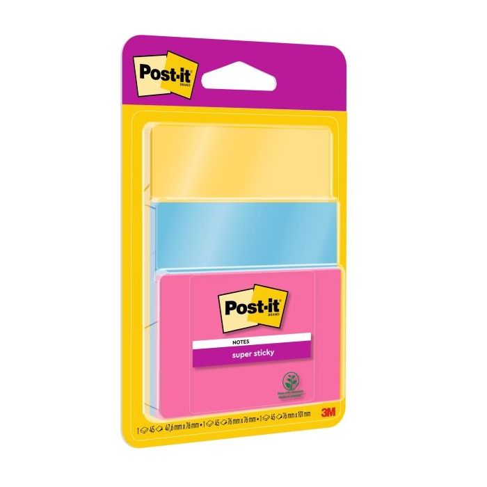 Post-It Super Sticky Pack de 3 Blocs de 45 Notas Adhesivas Reposicionables - Forma - Colores Surtidos