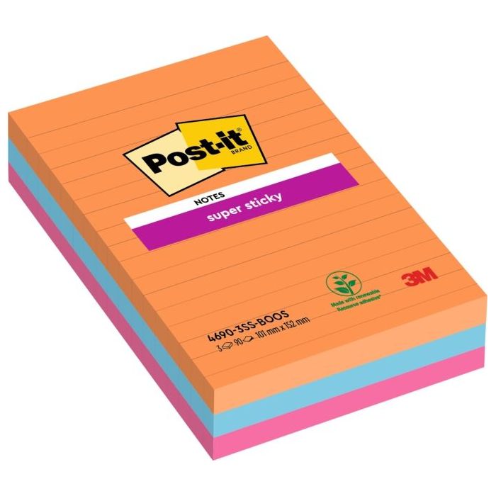 Post-It Super Sticky Pack de 3 Blocs de 90 Notas Adhesivas Reposicionables - Forma Rectangular - 101x101mm - Colores Surtidos