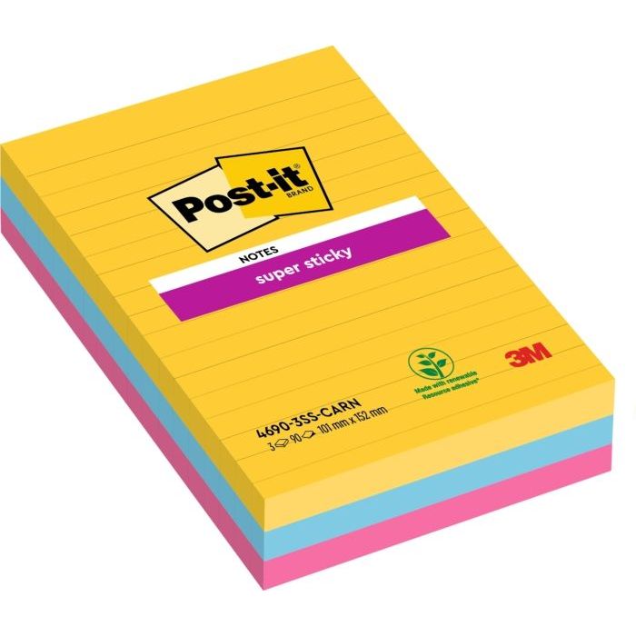 Post-It Super Sticky Pack de 3 Blocs de 90 Notas Adhesivas Reposicionables - Forma Rectangular - 101x152mm - Colores Surtidos
